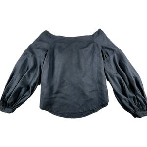 Maeve Anthropologie 6 Navy Linen Blend Off Shoulder Puff Sleeve Peasant Top Chic